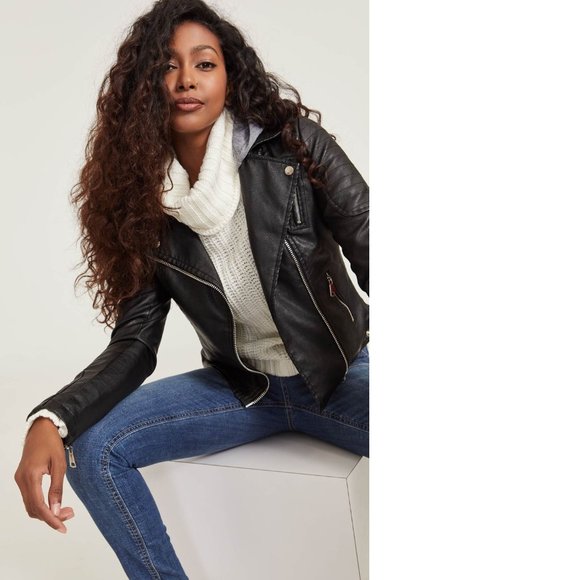 Ardene Black Moto Jacket Biker Style Detachable Knit Hood Vegan Leather - Picture 3 of 7